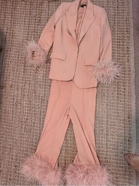 NADINE MERABI Blush Peach Tailored Jacket with Gold Chain Detail